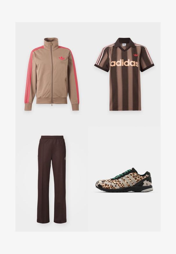 Lysebrun trackjakke med lynlås og høj krave, lyserøde striber ned ad ærmerne og lyserødt Adidas-logo på venstre bryst.; Brunstribet Adidas polo-shirt med V-hals, bordeaux krave og rødt logo. Har hvide og røde skulderstriber samt korte ærmer.; Brune træningsbukser med elastisk talje, to sidelommer og et lille logo på venstre side, lavet af et blødt stof.; adidas Originals ADIZERO ADIOS OG - Sneakers - grey two/core black/court green