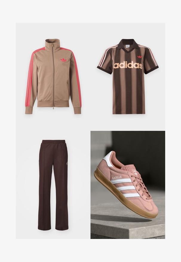Light brown zip-up track jacket with high collar, pink stripes down sleeves, and pink Adidas logo on left chest.; Brown striped Adidas polo shirt with a V-neck, burgundy collar, and red logo. Features white and red shoulder stripes, short sleeves.; Brown athletic pants with an elastic waistband, two side pockets, and a small logo on the left side, made from a soft fabric.; Pink suede sneaker with white stripes, rubber gum sole, textured upper, and logo on tongue. Classic low-top design.