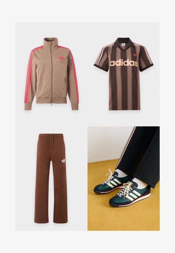 Hellbraune Trainingsjacke mit Reißverschluss und hohem Kragen, pinke Streifen an den Ärmeln und pinkes Adidas-Logo auf der linken Brust.; Braunes gestreiftes Adidas-Poloshirt mit V-Ausschnitt, bordeauxrotem Kragen und rotem Logo. Mit weißen und roten Schulterstreifen, kurzen Ärmeln.; Braune Sweatpants aus weichem Stoff mit lockerem Schnitt, ausgestattet mit einem elastischen Bund, einem Kordelzug und einem weißen Logo am linken Oberschenkel.; Grüne Wildleder- und Mesh-Sneaker mit weißen Streifen und roten Akzenten. Sie verfügen über eine flache Sohle und eine runde Zehenpartie, die mit cremefarbenen Schnürsenkeln gebunden sind.