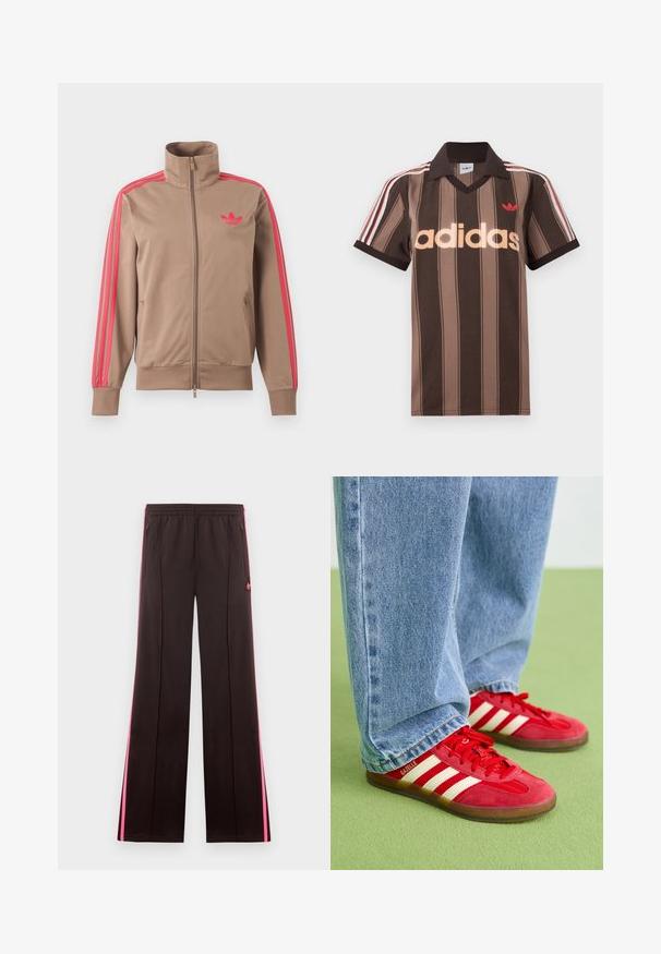 Svetlohnedá športová bunda na zips s vysokým golierom, ružové pruhy na rukávoch a ružové logo Adidas na ľavej strane hrude.; Hnedé prúžkované polo tričko Adidas s výstrihom do V, bordovým golierom a červeným logom. Má bielo-červené pruhy na ramenách a krátke rukávy.; Čierne športové nohavice s ružovými bočnými pruhmi, elastickým pásom, vreckami so zipsom a logom Adidas na ľavom stehne.; Červené semišové tenisky s tromi bielymi pruhmi, okrúhlou špičkou a textúrovanou podrážkou, v kombinácii s svetlomodrými džínsami na zelenom pozadí.
