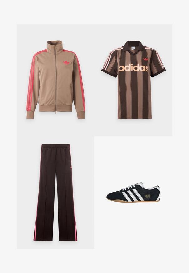 Lichtbruine trackjas met rits en hoge kraag, roze strepen op de mouwen en roze Adidas-logo op de linkerborst.; Bruine gestreepte Adidas polo met V-hals, bordeauxrode kraag en rood logo. Heeft witte en rode schouderstrepen, korte mouwen.; Zwarte sportbroek met roze zijstrepen, elastische tailleband, ritssluitingenaan zakken en Adidas-logo op linker bovenbeen.; Zwarte suède sneaker met witte drie strepen, gouden logo en een bruine rubberen zool. Heeft een laag profiel vetersluiting ontwerp.