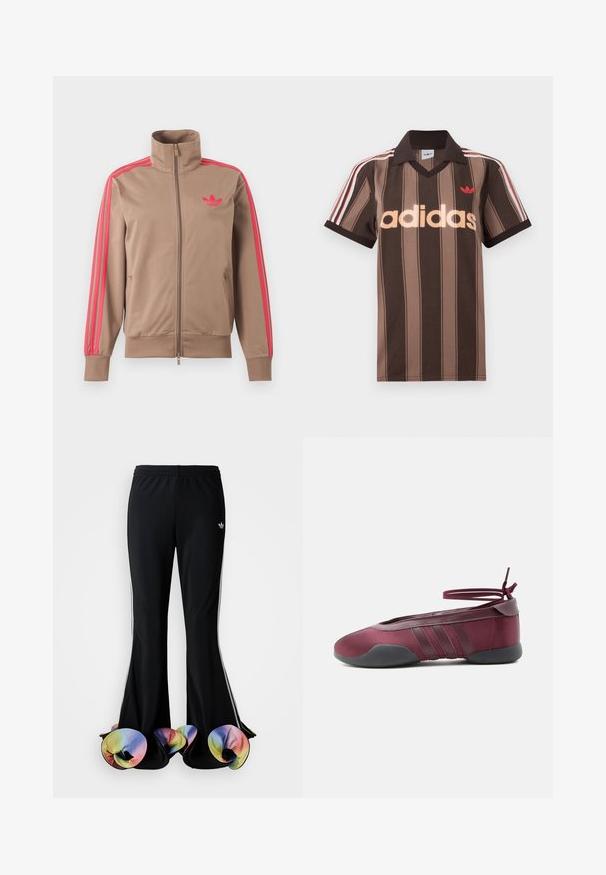 Chaqueta deportiva marrón claro con cremallera y cuello alto, rayas rosas por las mangas y logo rosa de Adidas en el pecho izquierdo.; Polo Adidas marrón con rayas, cuello en V, cuello burdeos y logo rojo. Presenta rayas blancas y rojas en los hombros, mangas cortas.; Pantalones deportivos negros con un diseño acampanado amplio. Cuenta con bajos coloridos y ondulados, y franjas blancas a los lados. Elaborados en tejido elástico.; Bailarina burdeos con suela negra, tiras elásticas en el tobillo atadas en moño y detalles cosidos en los laterales, vista desde el lado exterior.