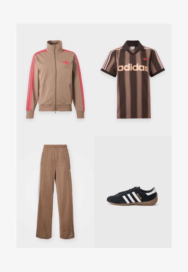 Lysebrun trackjakke med lynlås og høj krave, lyserøde striber ned ad ærmerne og lyserødt Adidas-logo på venstre bryst.; Brunstribet Adidas polo-shirt med V-hals, bordeaux krave og rødt logo. Har hvide og røde skulderstriber samt korte ærmer.; Brune atletiske bukser lavet af blødt stof, med elastisk talje, sidelommer og hvide logoakcenter på venstre hofte.; Sort ruskindssneaker med tre hvide striber, gummisål og et lille gyldent logo på siden. Har en glat sort foring indvendigt.