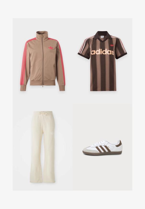 Svetlohnedá športová bunda na zips s vysokým golierom, ružové pruhy na rukávoch a ružové logo Adidas na ľavej strane hrude.; Hnedé prúžkované polo tričko Adidas s výstrihom do V, bordovým golierom a červeným logom. Má bielo-červené pruhy na ramenách a krátke rukávy.; Krémové tepláky s jemnou textúrou, so šnúrkou na pás a rozšírenými nohavicami. Diskrétny logový detail na ľavom bedre.; Bielo-hnedá teniska Adidas Samba s tromi hnedými pruhmi, šnúrkami a textúrovanou podrážkou, zobrazená z boku na jednoliatom pozadí.