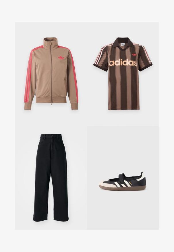 Lysebrun trackjakke med lynlås og høj krave, lyserøde striber ned ad ærmerne og lyserødt Adidas-logo på venstre bryst.; Brunstribet Adidas polo-shirt med V-hals, bordeaux krave og rødt logo. Har hvide og røde skulderstriber samt korte ærmer.; Sorte højtaljede vid ben jeans med frontlommer og knaplukning, præsenteret mod en plain hvid baggrund.; Sort og beige sko med velcrolukning, tre hvide striber på siden og en tekstureret brun gummisål. Mærkelogo er synligt.