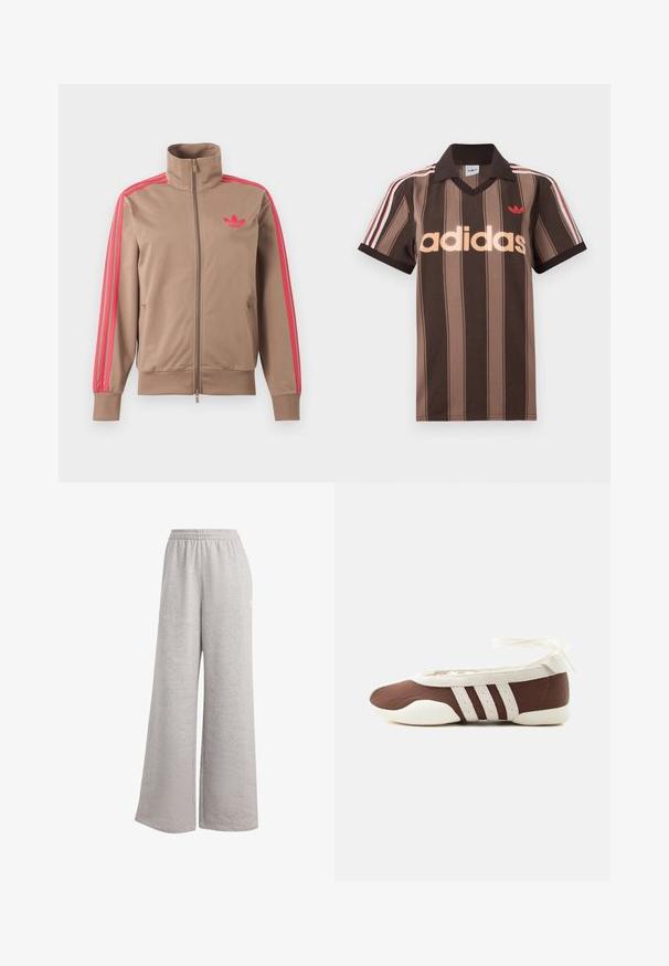 Chaqueta deportiva marrón claro con cremallera y cuello alto, rayas rosas por las mangas y logo rosa de Adidas en el pecho izquierdo.; Polo Adidas marrón con rayas, cuello en V, cuello burdeos y logo rojo. Presenta rayas blancas y rojas en los hombros, mangas cortas.; Pantalones de chándal gris claro con un corte holgado, cinturilla elástica y textura suave. Presenta un sutil logo en un lado. Diseño casual.; Zapato plano de ballet marrón y blanco con tres franjas blancas y lazo para atar en el tobillo sobre un fondo claro y sencillo.