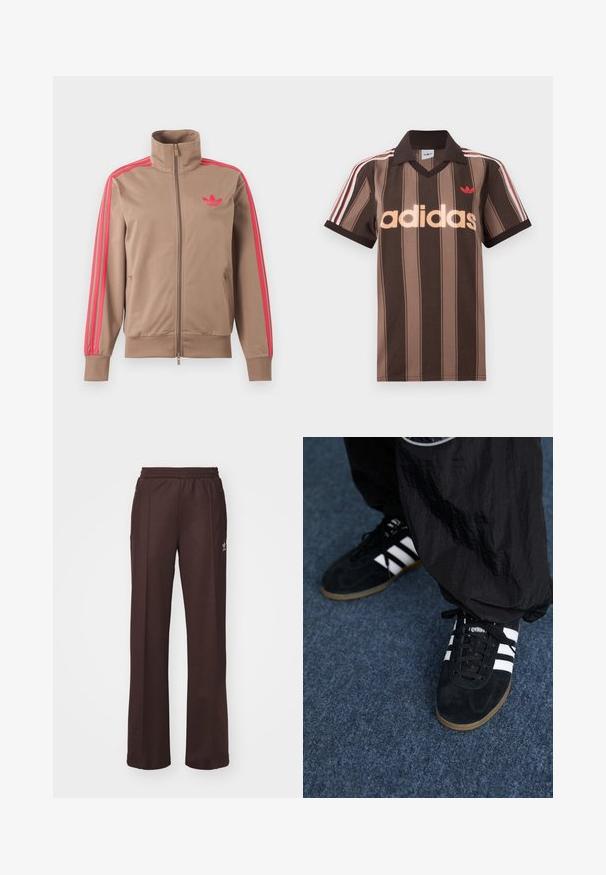 Veste de survêtement marron clair zippée avec col montant, bandes roses sur les manches et logo Adidas rose sur le côté gauche de la poitrine.; Polo Adidas rayé marron avec col en V, col bordeaux, et logo rouge. Comprend des rayures blanches et rouges sur les épaules, manches courtes.; Pantalons de sport marron avec une taille élastique, deux poches latérales et un petit logo sur le côté gauche, fabriqués à partir d'un tissu doux.; Des chaussures de sport en suède noir avec trois rayures blanches et des lacets noirs. Un pantalon noir texturé est partiellement visible à côté des chaussures.