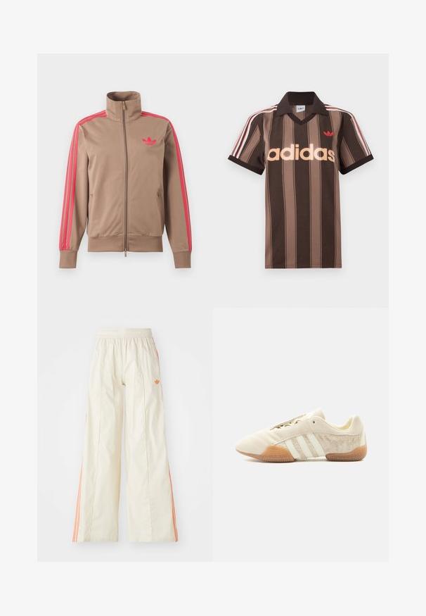 Svetlohnedá športová bunda na zips s vysokým golierom, ružové pruhy na rukávoch a ružové logo Adidas na ľavej strane hrude.; Hnedé prúžkované polo tričko Adidas s výstrihom do V, bordovým golierom a červeným logom. Má bielo-červené pruhy na ramenách a krátke rukávy.; Krémové široké nohavice s elastickým pásom, s oranžovými bočnými pruhmi a malým oranžovým logom na prednej strane.; Nízky béžový teniska s tromi bielymi pruhmi, textúrovanými semišovými bočnými panelmi, gumovou podrážkou a šnurovaním na jednofarebnom pozadí.