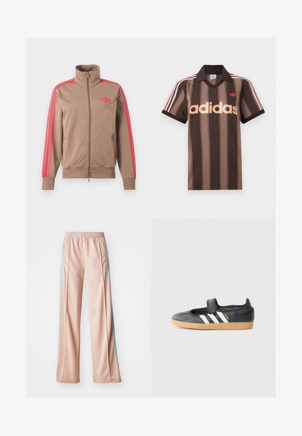 Lichtbruine trackjas met rits en hoge kraag, roze strepen op de mouwen en roze Adidas-logo op de linkerborst.; Bruine gestreepte Adidas polo met V-hals, bordeauxrode kraag en rood logo. Heeft witte en rode schouderstrepen, korte mouwen.; Lichtroze sportbroek met een ontspannen pasvorm, voorzien van blauwe zijstrepen en een trekkoord in de taille. Gemaakt van soepel, lichtgewicht materiaal.; Zwarte leren en suède sneaker met een klittenbandsluiting, voorzien van drie witte strepen en een gumzool, met de naam "SAMBA" aan de zijkant.