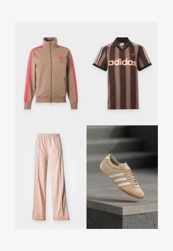 Lysebrun trackjakke med lynlås og høj krave, lyserøde striber ned ad ærmerne og lyserødt Adidas-logo på venstre bryst.; Brunstribet Adidas polo-shirt med V-hals, bordeaux krave og rødt logo. Har hvide og røde skulderstriber samt korte ærmer.; Lyserøde sportspants med afslappet pasform, der har blå sidestriber og en snoretræk i taljen. Fremstillet af glat, letvægtsstof.; Lysebeige sneaker med tre hvide vandrette striber, overdel i ruskind og en gummisål, med en logo på siden.