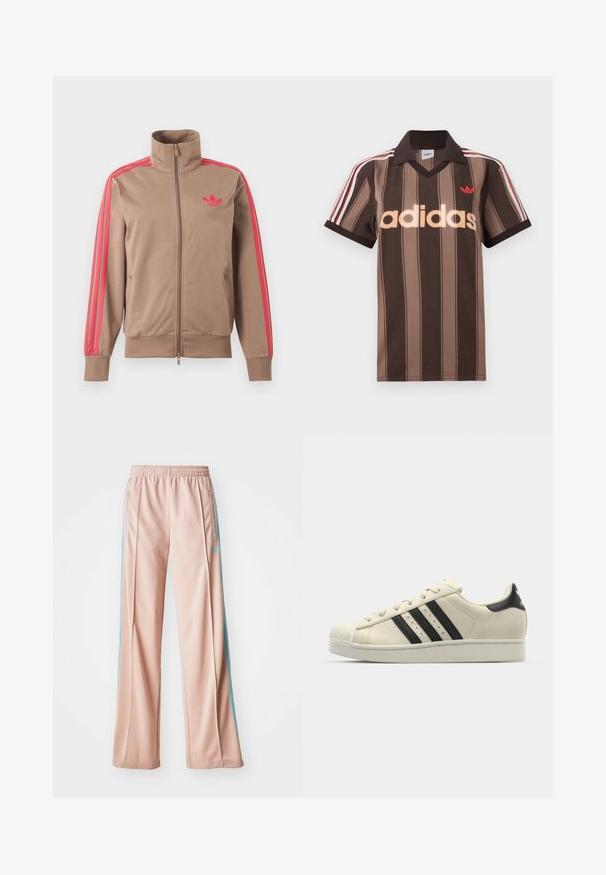 Lysebrun trackjakke med lynlås og høj krave, lyserøde striber ned ad ærmerne og lyserødt Adidas-logo på venstre bryst.; Brunstribet Adidas polo-shirt med V-hals, bordeaux krave og rødt logo. Har hvide og røde skulderstriber samt korte ærmer.; Lyserøde sportspants med afslappet pasform, der har blå sidestriber og en snoretræk i taljen. Fremstillet af glat, letvægtsstof.; Hvide lædersneakers med sorte striber, rund tå, gummisål, tekstureret overdel og snøresystem. Har logo på hælen.