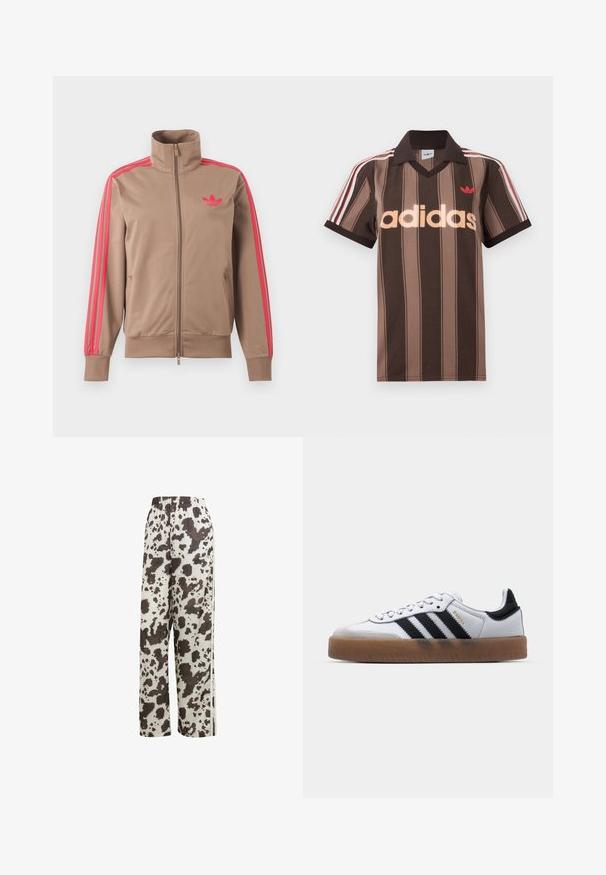 Chaqueta deportiva marrón claro con cremallera y cuello alto, rayas rosas por las mangas y logo rosa de Adidas en el pecho izquierdo.; Polo Adidas marrón con rayas, cuello en V, cuello burdeos y logo rojo. Presenta rayas blancas y rojas en los hombros, mangas cortas.; adidas Originals COW PRINT SATIN WIDE LEG - Pantalones deportivos - multicolor off white; Zapatillas de cuero blancas con rayas negras, suela de goma, puntera redonda, cierre de cordones y caperuza de ante gris suave.