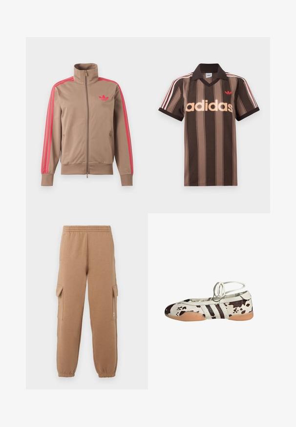 Lichtbruine trackjas met rits en hoge kraag, roze strepen op de mouwen en roze Adidas-logo op de linkerborst.; Bruine gestreepte Adidas polo met V-hals, bordeauxrode kraag en rood logo. Heeft witte en rode schouderstrepen, korte mouwen.; Tan cargobroeken van zachte stof met een elastische tailleband, opgesneden enkels en zijzakken, met een klein logo-detail.; Witte leren ballerina's met een bruin koeienprint, voorzien van drie zwarte strepen aan de zijkant en een flexibele tan rubberen zool.