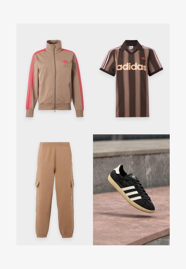 Hellbraune Trainingsjacke mit Reißverschluss und hohem Kragen, pinke Streifen an den Ärmeln und pinkes Adidas-Logo auf der linken Brust.; Braunes gestreiftes Adidas-Poloshirt mit V-Ausschnitt, bordeauxrotem Kragen und rotem Logo. Mit weißen und roten Schulterstreifen, kurzen Ärmeln.; Beige Cargo-Hosen aus weichem Stoff mit einem elastischen Bund, angeschnittenen Knöcheln und seitlichen Taschen, die ein kleines Logodetail aufweisen.; Schwarzer Adidas-Sneaker mit weißen Streifen und beiger Sohle, in der Luft über einer steinernen Oberfläche und mit Steinwand im Hintergrund aufgenommen.