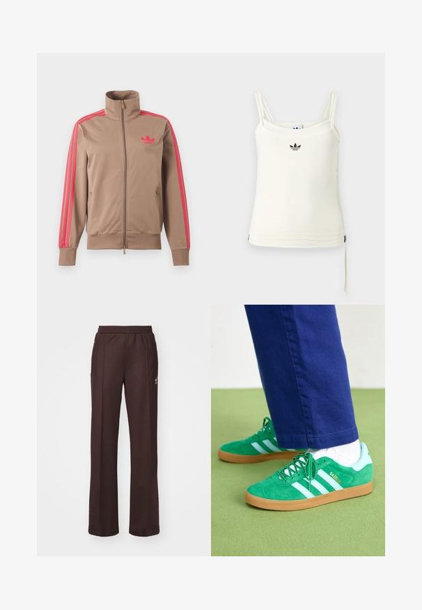 Hellbraune Trainingsjacke mit Reißverschluss und hohem Kragen, pinke Streifen an den Ärmeln und pinkes Adidas-Logo auf der linken Brust.; Cremefarbenes Tanktop mit dünnen Trägern; Adidas-Logo in Schwarz auf der Brust. Glatter Stoff mit Kordelzug-Detail am Saum. Einfaches Design.; Braune Sporthose mit einem elastischen Bund, zwei Seitentaschen und einem kleinen Logo auf der linken Seite, gefertigt aus weichem Stoff.; Grüne Wildleder-Sneaker mit weißen Streifen und Akzenten, Gummisohle aus Kautschuk, ausgestattet mit grünen Schnürsenkeln und Branding an der Seite.