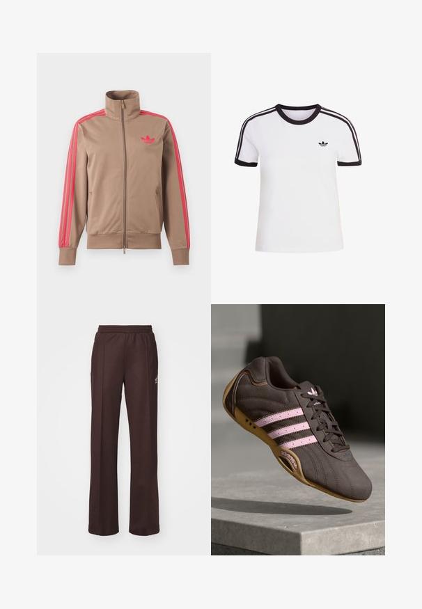 Helepruun lukuga spordijakk kõrge kraega, roosad triibud varrukatel ja roosa Adidas logo vasakul rinnal.; Valge lühikeste varrukatega T-särk mustade detailidega, ümmarguse kaelusega ja kolme musta triibuga kummalgi õlal. Väike must logo rinnal.; Kohvilised spordipüksid elastse vöökohtaga, kahe külgmise taskuga ja väikese logoga vasakul küljel, valmistatud pehmest kangast.; Pruunist nahast sportlik king, millel on roosa triip ja logo, tekstureeritud ülemine osa, paeltesulgur ning kummist tallad.