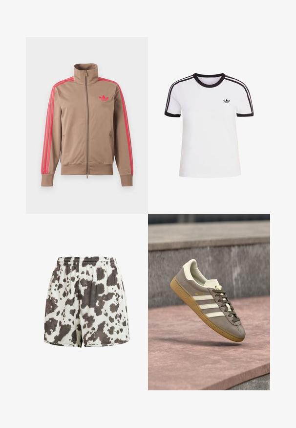 Helepruun lukuga spordijakk kõrge kraega, roosad triibud varrukatel ja roosa Adidas logo vasakul rinnal.; Valge lühikeste varrukatega T-särk mustade detailidega, ümmarguse kaelusega ja kolme musta triibuga kummalgi õlal. Väike must logo rinnal.; Valged elastse vöökohaga lühikesed püksid, mis on lõdva lõikega ja millel on ebaühtlane tumedat pruunikas lehmakujundus.; Helepruunad seemisnahast Adidas tossud valgete triipude ja kummist taldadega, riputatud roosade kivist trepiastmete kohale õues.