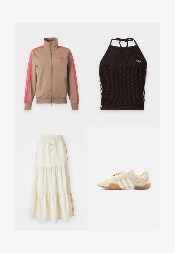 Svetlohnedá športová bunda na zips s vysokým golierom, ružové pruhy na rukávoch a ružové logo Adidas na ľavej strane hrude.; Čierny sieťovaný crop top so štruktúrovaným dizajnom. Má ružové akcentové pruhy a malú logo na prednej strane. Zaviazanie na chrbte.; Svetlo krémová midi sukňa v tierovanom štýle s elastickým pásom a šnúrkou na stiahnutie. Má oranžové bočné pruhy a mäkkú, hladkú bavlnenú textúru.; Nízky béžový teniska s tromi bielymi pruhmi, textúrovanými semišovými bočnými panelmi, gumovou podrážkou a šnurovaním na jednofarebnom pozadí.