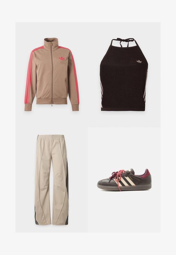 Chaqueta deportiva marrón claro con cremallera y cuello alto, rayas rosas por las mangas y logo rosa de Adidas en el pecho izquierdo.; Top corto de malla negra tipo halter con un diseño texturizado. Cuenta con franjas de acento rosa y un pequeño logotipo en el frente. Cierre con lazada en la espalda.; Pantalones deportivos beige con cinturilla elástica y rayas verticales negras a lo largo de los lados exteriores de las piernas.; Zapatilla Adidas Samba de color marrón oscuro con rayas crema, talón granate y cordones rosas con patrón, mostrada de perfil sobre fondo blanco.