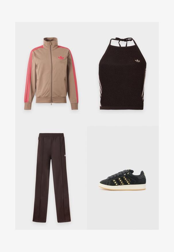 Hellbraune Trainingsjacke mit Reißverschluss und hohem Kragen, pinke Streifen an den Ärmeln und pinkes Adidas-Logo auf der linken Brust.; Schwarzes Netz-Halfter-Cropped-Top mit strukturiertem Design. Mit pinkfarbenen Akzentstreifen und kleinem Logo vorne. Mit Rückenknotenverschluss.; Dunkelbraune Adidas-Trainingshose mit elastischem Bund, seitlichen Reißverschlusstaschen und kleinem weißem Trefoil-Logo am rechten Oberschenkel.; adidas Originals CAMPUS 00S W - Sneaker low - core black/carbon/gold-coloured
