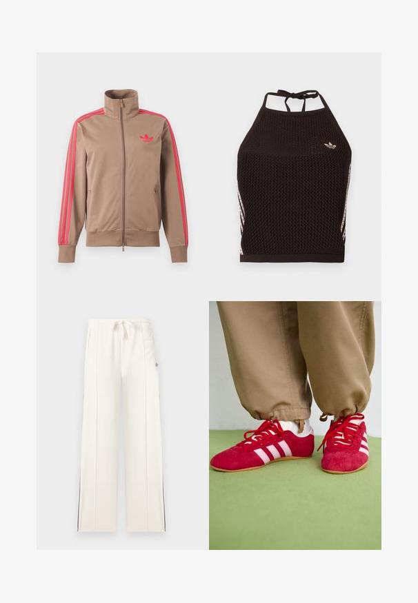Lysebrun trackjakke med lynlås og høj krave, lyserøde striber ned ad ærmerne og lyserødt Adidas-logo på venstre bryst.; Sort mesh halter crop top med tekstureret design. Har pink accentstriber og en lille logo foran. Lukning med bånd bagpå.; Hvide sweatpants med brede ben, elastisk snøre i taljen, sidelommer, lodrette sømdetaljer og diskrete sorte striber langs ydersiden af benene.; Røde ruskind sportssko med hvide striber, flad gummisål og røde snørebånd. Båret med beige bukser, placeret på en grøn overflade.