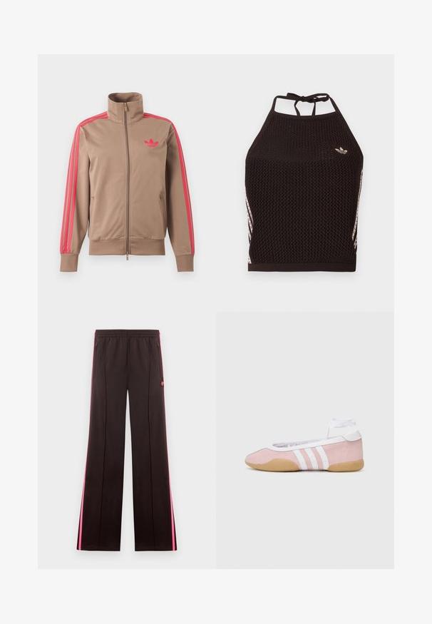 Chaqueta deportiva marrón claro con cremallera y cuello alto, rayas rosas por las mangas y logo rosa de Adidas en el pecho izquierdo.; Top corto de malla negra tipo halter con un diseño texturizado. Cuenta con franjas de acento rosa y un pequeño logotipo en el frente. Cierre con lazada en la espalda.; Pantalones deportivos negros con franjas laterales rosas, cintura elástica, bolsillos con cremallera y logo de Adidas en el muslo izquierdo.; adidas Originals TAEKWONDO MEI BALLET - Zapatillas - clear pink/ftwr white/gum