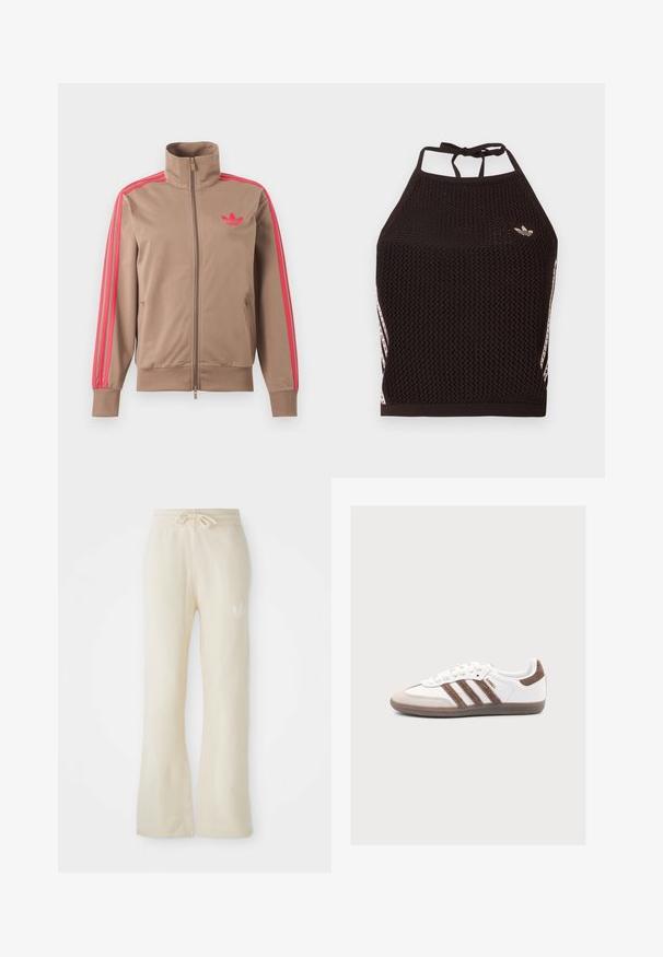 Lysebrun trackjakke med lynlås og høj krave, lyserøde striber ned ad ærmerne og lyserødt Adidas-logo på venstre bryst.; Sort mesh halter crop top med tekstureret design. Har pink accentstriber og en lille logo foran. Lukning med bånd bagpå.; Cremefarvede sweatpants med en blød tekstur, featuring en snoretræk i taljen og flair ben. Diskret logo detalje på venstre hofte.; Hvid Adidas Samba sneaker med brune ruskindstriber, brun ruskindstå og gummisål på en lys grå baggrund.