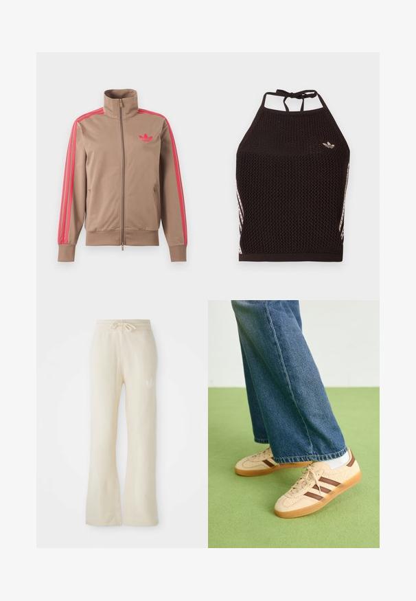 Hellbraune Trainingsjacke mit Reißverschluss und hohem Kragen, pinke Streifen an den Ärmeln und pinkes Adidas-Logo auf der linken Brust.; Schwarzes Netz-Halfter-Cropped-Top mit strukturiertem Design. Mit pinkfarbenen Akzentstreifen und kleinem Logo vorne. Mit Rückenknotenverschluss.; Cremefarbene Jogginghose aus einem weichen Material, mit einem Kordelzugbund und ausgestellten Beinen. Subtiles Logo-Detail an der linken Hüfte.; Beige Sneakers mit strukturierten cremefarbenen Paneelen und braunen Streifen, kombiniert mit blauen Jeans. Die Jeans haben einen weiten Beinschnitt und einen fransigen Saum.