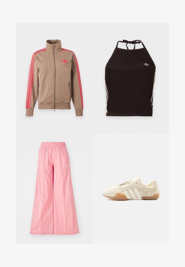 Hellbraune Trainingsjacke mit Reißverschluss und hohem Kragen, pinke Streifen an den Ärmeln und pinkes Adidas-Logo auf der linken Brust.; Schwarzes Netz-Halfter-Cropped-Top mit strukturiertem Design. Mit pinkfarbenen Akzentstreifen und kleinem Logo vorne. Mit Rückenknotenverschluss.; Rosa weit geschnittene Hosen aus einem leichten Stoff, mit einem elastischen Bund und dezenten weißen Seitenstreifen. Kleines Logo auf der Vorderseite.; Flacher beiger Sneaker mit drei weißen Streifen, strukturierten Wildleder-Seitenflächen, Gummisohle und Schnürverschluss vor einfarbigem Hintergrund.