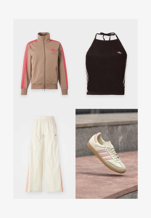 Helepruun lukuga spordijakk kõrge kraega, roosad triibud varrukatel ja roosa Adidas logo vasakul rinnal.; Mustast võrgust kaelusega top tekstuurse mustriga. Esiküljel on roosad aksendtriibud ja väike logo. Seljal lipsuga kinnis.; Kreemjas värvi laiade jalgadega püksid, millel on elastne vöökoht, oranžid küljeribad ja väike oranž logo ees.; Bežis nahast tenniskingad roosade detailidega, millel kolm külgset triipu, ümar nina ja tekstuuriga kummitald. Kerge polsterdusega krae.