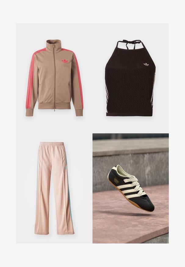 Lysebrun trackjakke med lynlås og høj krave, lyserøde striber ned ad ærmerne og lyserødt Adidas-logo på venstre bryst.; Sort mesh halter crop top med tekstureret design. Har pink accentstriber og en lille logo foran. Lukning med bånd bagpå.; Lyserøde sportspants med afslappet pasform, der har blå sidestriber og en snoretræk i taljen. Fremstillet af glat, letvægtsstof.; Sort atletiksko med cremefarvede striber og snørebånd, med lav profil, glat tekstur og gummisål for godt greb. Mærkeetiket synlig.