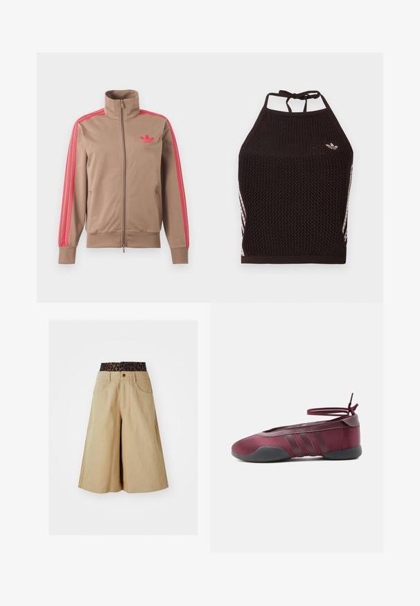 Lysebrun trackjakke med lynlås og høj krave, lyserøde striber ned ad ærmerne og lyserødt Adidas-logo på venstre bryst.; Sort mesh halter crop top med tekstureret design. Har pink accentstriber og en lille logo foran. Lukning med bånd bagpå.; Khaki shorts med vid ben-design og en leopardmønstret talje. Har forlommer og en knaplukning. Glat, tekstureret stof.; Burgunderfarvet balletsko med sort sål, elastiske ankelstropper bundet i sløjfe og syninger på siderne, vist fra ydersiden.