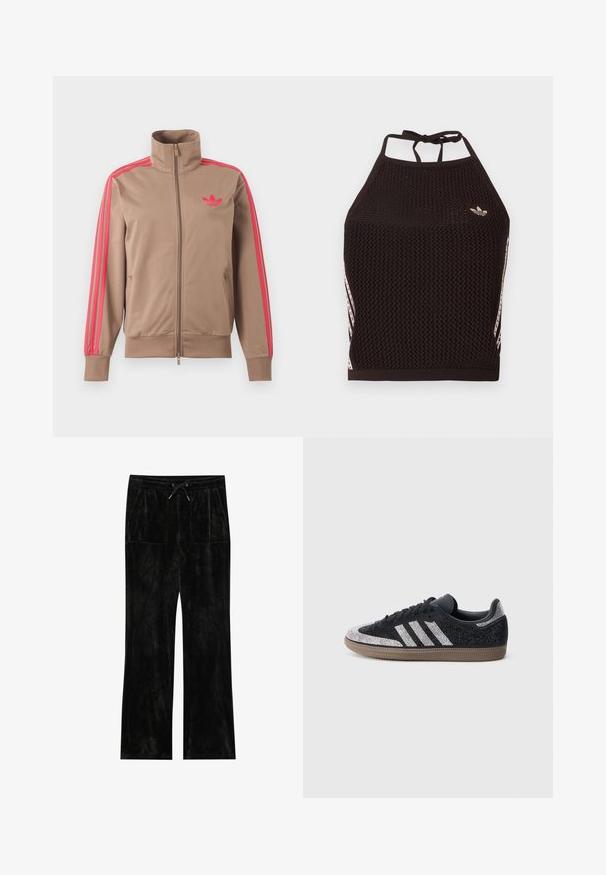 Helepruun lukuga spordijakk kõrge kraega, roosad triibud varrukatel ja roosa Adidas logo vasakul rinnal.; Mustast võrgust kaelusega top tekstuurse mustriga. Esiküljel on roosad aksendtriibud ja väike logo. Seljal lipsuga kinnis.; Must muströöpidega mustad veluurpüksid, millel on pehme tekstuur, laiad sääred, elastne vöökoht, narmastega sulgemine ja kaks eesmist taskut.; Must tenniseking hõbedaste sädelevate detailide ja kolme valge triibuga. Omab madalat lõiget, tekstureeritud pealset ja pruuni kummist tallaga.