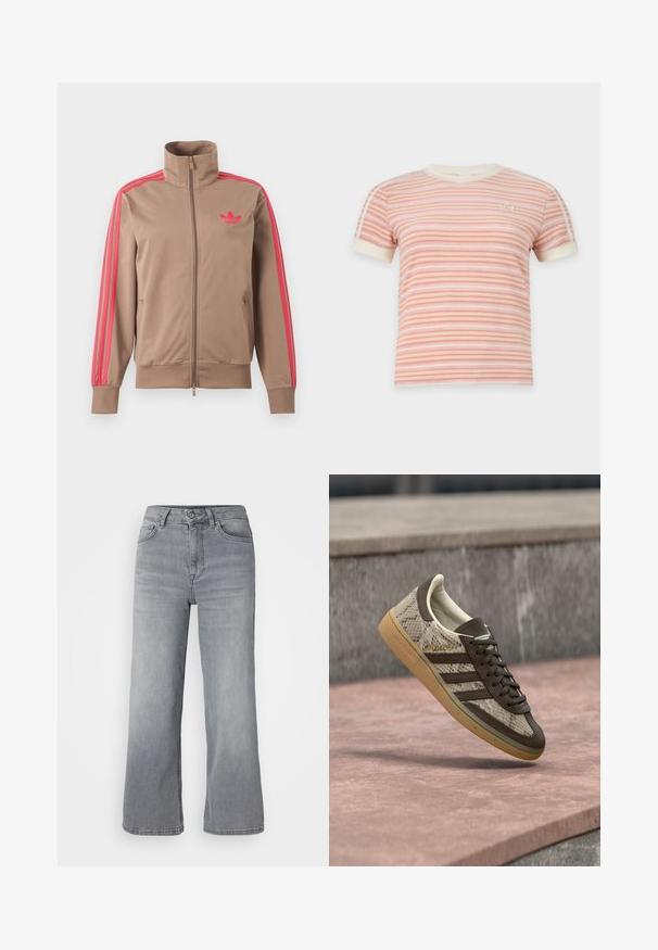Vaaleanruskea vetoketjullinen urheilutakki, jossa korkea kaulus, vaaleanpunaiset raidat hihoissa ja vaaleanpunainen Adidas-logo vasemmassa rinnassa.; Lyhythihainen vaaleanpunavalkoraidallinen t-paita, jossa on kermanvärinen kaulus ja hihansuut, pieni Adidas-logo rinnassa ja kaksi valkoista raitaa hihoissa.; Vaaleanharmaat farkkuhauskat leveät lahkeet, korkealla vyötäröllä, viisi taskua sekä perinteinen vetskari- ja nappisulku. Pehmeä rakenne, jossa on pieniä haalistumia.; Ruskea ja beigen värinen Adidas-tennari käärmekuvioinnilla, kumipohjalla ja "SPEZIAL"-teksti kellumassa kiven päällä ulkona.