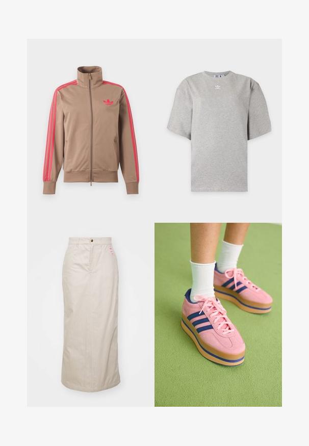 Helepruun lukuga spordijakk kõrge kraega, roosad triibud varrukatel ja roosa Adidas logo vasakul rinnal.; Helehall Adidas lühikeste varrukatega t-särk, ümara kaelusega ja väikese valge Adidas logoga rinnal, esitatud lihtsal taustal.; Bež triibuline seelik kõrgema vöökohaga, peidetud tõmblukk ja metallist nööbiga kinnitamine. Esiosas on väike kaubamärgiga silt.; Roosa sametist platvormi tossud siniste triipudega ja roosade paeltega. Paks pruun tallaga, kus on sinine aktsent. Kanda valgete pahkl Socks-idega rohelisel pinnal.