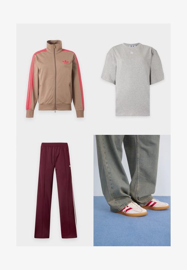 Helepruun lukuga spordijakk kõrge kraega, roosad triibud varrukatel ja roosa Adidas logo vasakul rinnal.; Helehall Adidas lühikeste varrukatega t-särk, ümara kaelusega ja väikese valge Adidas logoga rinnal, esitatud lihtsal taustal.; Tumepunased spordipüksid elastse vöökohaga, külgedel lükandtaskud, valged küljestriibud ja väike valge Adidas logo paremal reiel.; Valged tennis kingad punaste triipudega, tekstureeritud kangast ülemine osa, ümar varvas, lame kummist tald, koos vabaaja, pleekinud siniste teksadega.
