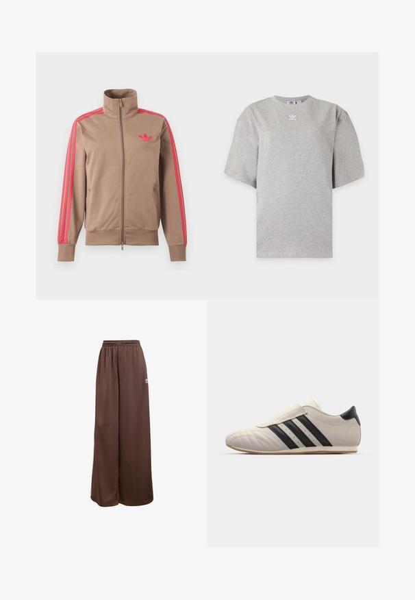 Helepruun lukuga spordijakk kõrge kraega, roosad triibud varrukatel ja roosa Adidas logo vasakul rinnal.; Helehall Adidas lühikeste varrukatega t-särk, ümara kaelusega ja väikese valge Adidas logoga rinnal, esitatud lihtsal taustal.; adidas Originals Dresside alumine osa - auburn cream white; Heled hallid tenniseketid mustade triipudega, ümmarguse varbaga, sileda nahkpealsega, klõpsuga rihmaga ja kummist tallaga.