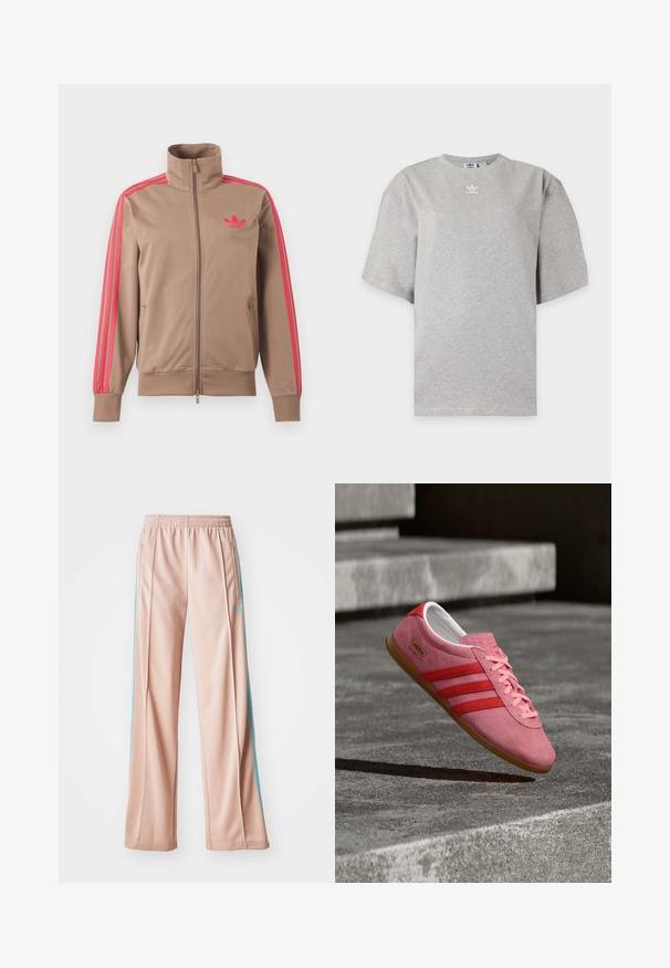Veste de survêtement marron clair zippée avec col montant, bandes roses sur les manches et logo Adidas rose sur le côté gauche de la poitrine.; T-shirt Adidas gris clair à manches courtes avec col rond et petit logo Adidas blanc sur la poitrine, présenté sur un fond simple.; Pantalons de sport rose clair avec une coupe décontractée, dotés de bandes latérales bleues et d'une taille élastique à cordon. Fabriqués en tissu lisse et léger.; Baskets en daim rose avec des rayures rouges, une semelle en caoutchouc et des lacets roses. Présentent le logo "Adidas Gazelle" sur le côté.