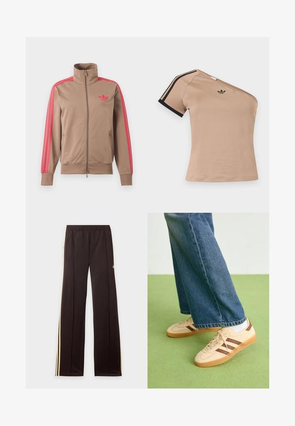 Svetlohnedá športová bunda na zips s vysokým golierom, ružové pruhy na rukávoch a ružové logo Adidas na ľavej strane hrude.; Béžový športový top s jedným ramenom, čiernymi pruhmi na krátkom rukáve a malým čiernym logom Adidas na hrudi.; Čierne tepláky so žltými bočnými pruhmi, elastickým pásom, bočnými vreckami na zips a malým logom na hornej časti stehna.; Béžové tenisky s textúrovanými krémovými panelmi a hnedými pruhmi, skombinované s modrými džínsami. Džínsy majú široké nohavice a roztrhnutý lem.
