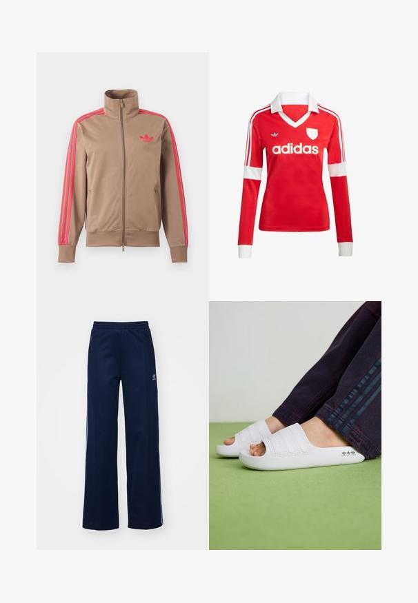 Svetlohnedá športová bunda na zips s vysokým golierom, ružové pruhy na rukávoch a ružové logo Adidas na ľavej strane hrude.; Červený futbalový dres s dlhým rukávom a bielym golierom a manžetami. Na ramenách sú tri biele pruhy a výrazne zobrazené logo "adidas".; Námornícke nohavice z bavlneného zmesi s širokým strihom, elastickým pásom a zipsovými vreckami, s bielymi bočnými pruhmi a detailom loga.; Biele gumové šľapky s tromi textúrovanými horizontálnymi pruhmi, zaoblenou špičkou a logom potlačeným na boku, snažení s tmavými džínami.