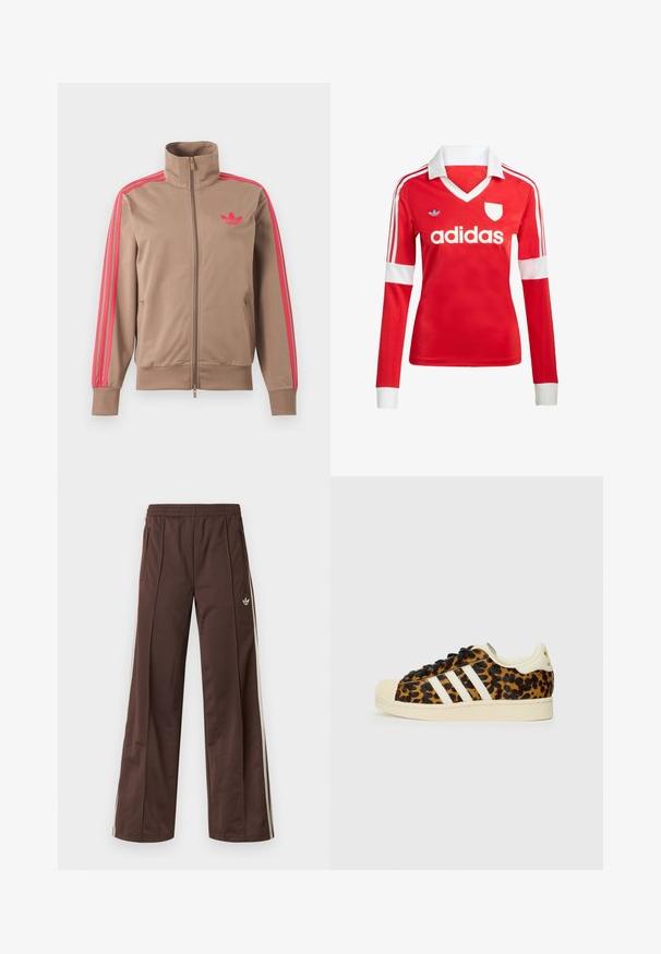 Svetlohnedá športová bunda na zips s vysokým golierom, ružové pruhy na rukávoch a ružové logo Adidas na ľavej strane hrude.; Červený futbalový dres s dlhým rukávom a bielym golierom a manžetami. Na ramenách sú tri biele pruhy a výrazne zobrazené logo "adidas".; Hnedé športové nohavice so širokým strihom nohavíc, bielymi bočnými pásmi, elastickým pásom a dvoma bočnými vreckami. Na nohavici je malá značka.; Tenisky s leopardím vzorom a čiernymi šnúrkami, biely dizajn s tromi pruhmi, krémová gumová špička a podrážka, textúrovaný horný materiál.