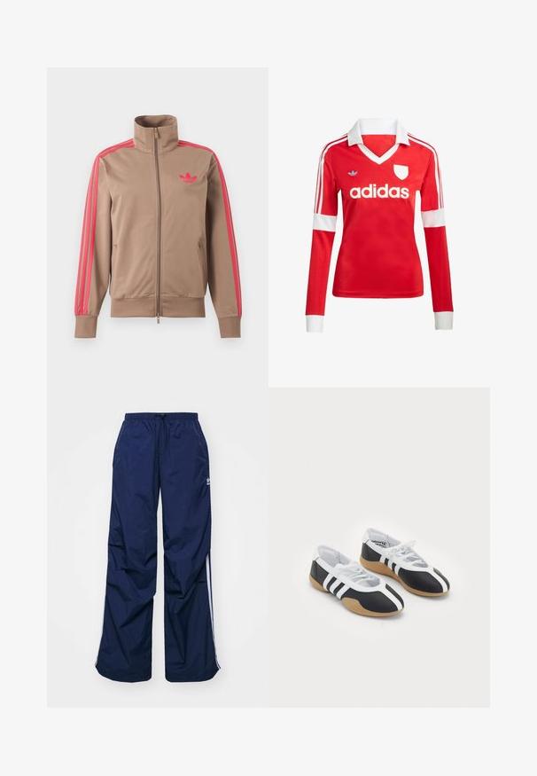 Svetlohnedá športová bunda na zips s vysokým golierom, ružové pruhy na rukávoch a ružové logo Adidas na ľavej strane hrude.; Červený futbalový dres s dlhým rukávom a bielym golierom a manžetami. Na ramenách sú tri biele pruhy a výrazne zobrazené logo "adidas".; Tmavomodré, ľahké nohavice s elastickým pásom a sťahovacou šnúrkou, so svetlými bočnými pásmi a malým logom na prednej strane. Strih voľného strihu.; Čierne a biele športové topánky s elegantným dizajnom, gumovou podrážkou, šnurovaním a tromi bielymi prúžkami na bokoch.