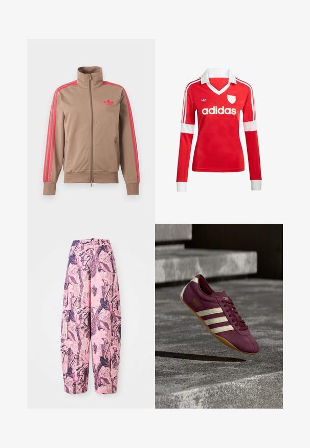 Helepruun lukuga spordijakk kõrge kraega, roosad triibud varrukatel ja roosa Adidas logo vasakul rinnal.; Punane pikade varrukatega jalgpallipluus valge krae ja varrukateotstega. Omab kolme valget triipu õlgadel ja väljapaistvat "adidas" logo.; Roosa ja lilla mustriga laiad püksid, millel on lehe- ja oksadisain, kõrge talje ning küljetaskud lisafunktsionaalsuse jaoks.; Lilla Adidas Tokyo tossud valgete triipude ja kummist tallaga näivad pehmes valguses betoonist trepi kohal hõljuvat.