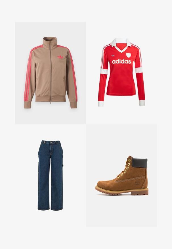 Svetlohnedá športová bunda na zips s vysokým golierom, ružové pruhy na rukávoch a ružové logo Adidas na ľavej strane hrude.; Červený futbalový dres s dlhým rukávom a bielym golierom a manžetami. Na ramenách sú tri biele pruhy a výrazne zobrazené logo "adidas".; Tmavomodré džínsové cargo nohavice s vysokým pásom, širokými nohavicami a bočnými vreckami. Majú viditeľné prešívanie a kovové detaily.; Hnedé semišové členkové topánky s čiernym vycpaným golierom, zlatými očkami, šnurovaním vpredu a gumovou podrážkou s textúrovaným vzorom.