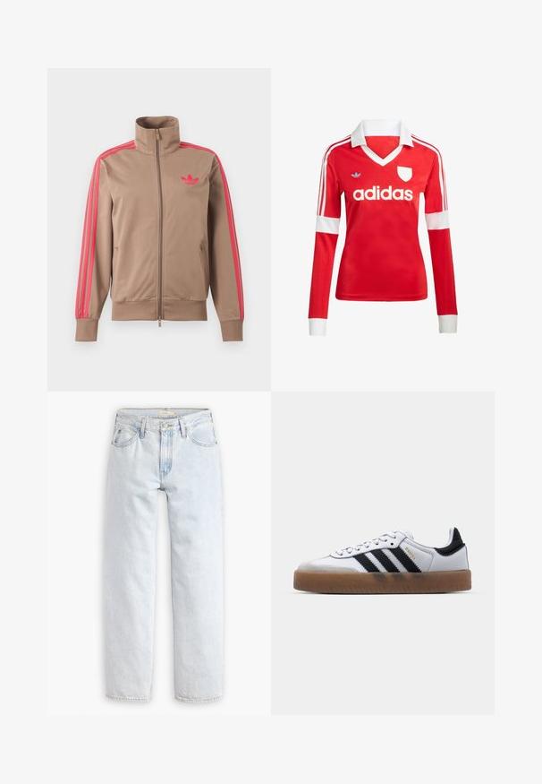 Svetlohnedá športová bunda na zips s vysokým golierom, ružové pruhy na rukávoch a ružové logo Adidas na ľavej strane hrude.; Červený futbalový dres s dlhým rukávom a bielym golierom a manžetami. Na ramenách sú tri biele pruhy a výrazne zobrazené logo "adidas".; Svetlomodré džíny s rovnými nohavicami a vysokým pásom, obsahujúce päť vreciek, predné zapínanie na gombík a viditeľné švy.; Biele kožené tenisky s čiernymi pruhmi, gumová podrážka, okrúhla špička, šnurovanie a mäkký sivý semišový špička.