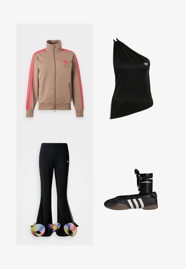 Helepruun lukuga spordijakk kõrge kraega, roosad triibud varrukatel ja roosa Adidas logo vasakul rinnal.; Must ühekohaline topp, mis on valmistatud pehmest, siledast kangast ning millel on peen geomeetriline muster ja väike valge logo rinnal.; Mustad mustad spordipüksid laia flare-disainiga. Omavad värvilisi, ripsmetega alumisi servi ja valgeid külgtriibe. Valmistatud venivast kangast.; Mustad baleriinaliistud lillemustriga, valge kolmetriipuline disain ja riidest pahkluuümbris. Tekstureeritud materjal ja paindlik pruun tallaosa.
