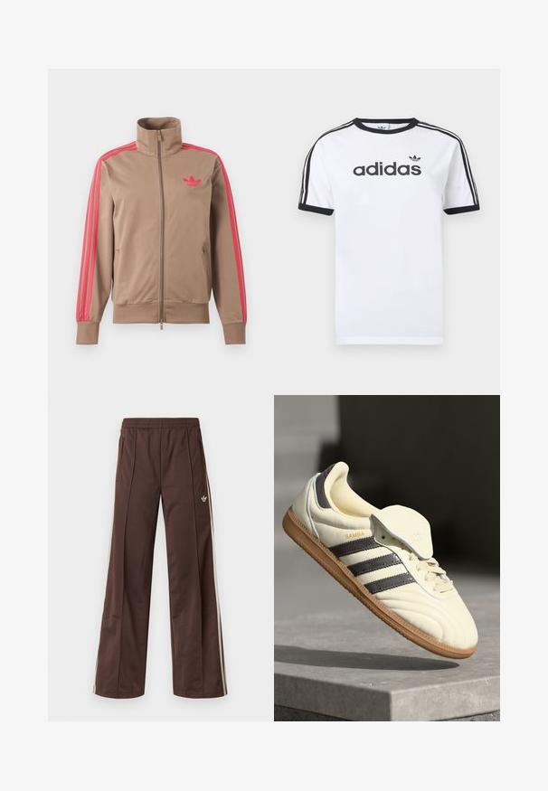 Svetlohnedá športová bunda na zips s vysokým golierom, ružové pruhy na rukávoch a ružové logo Adidas na ľavej strane hrude.; Biele bavlnené tričko s čiernymi akcentmi, so zapínaním okolo krku, krátkymi rukávmi, tromi čiernymi pruhmi na ramenách a čiernym logom „adidas“.; Hnedé športové nohavice so širokým strihom nohavíc, bielymi bočnými pásmi, elastickým pásom a dvoma bočnými vreckami. Na nohavici je malá značka.; Krémové kožené tenisky s tromi tmavými pruhmi, hnedou gumenou podrážkou a zaoblenou špičkou. Obsahujú prehýbací jazyk s označením "SAMBA."