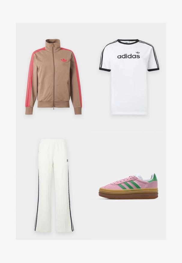 Veste de survêtement marron clair zippée avec col montant, bandes roses sur les manches et logo Adidas rose sur le côté gauche de la poitrine.; T-shirt en coton blanc avec accents noirs, doté d'un col rond, de manches courtes, de trois bandes noires sur les épaules et du logo "adidas" en noir.; Pantalon crème clair en maille torsadée avec une coupe évasée. Doté de bandes latérales bleu foncé et d'un logo Adidas sur la hanche. Taille élastique.; Baskets en daim rose avec des rayures vertes, des accents blancs et une semelle en caoutchouc brun. Comportent un tissu texturé et un détail de logo sur le côté.