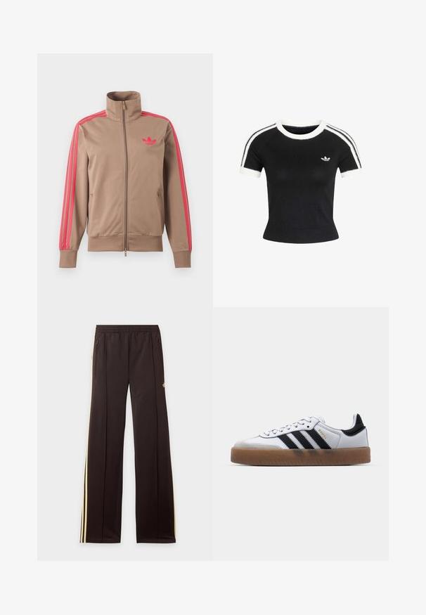 Lichtbruine trackjas met rits en hoge kraag, roze strepen op de mouwen en roze Adidas-logo op de linkerborst.; Zwarte gebreide top met korte mouwen, witte ronde hals, mouwboorden en dubbele witte strepen op de schouders, met een klein Adidas trefoil-logo op de borst.; Zwarte trainingsbroek met gele zijstrepen, elastische tailleband, ritszakken aan de zijkant en een klein logo op het bovenbeen.; Witte leren sneakers met zwarte strepen, gumrubberen buitenzool, ronde neus, vetersluiting en een zachte grijze suède neuskap.