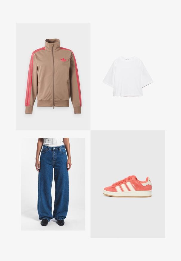 Lichtbruine trackjas met rits en hoge kraag, roze strepen op de mouwen en roze Adidas-logo op de linkerborst.; Wit, kort mouw, boxy t-shirt gemaakt van zacht katoen. Heeft een ronde hals en brede mouwen, met een strak, eenvoudig ontwerp.; Wijdvallende blauwe denim jeans met een hoge taille, voorzien van een knoopsluiting, voorzakken en een licht vervaagde textuur.; Roze suède sneakers met crèmekleurige strepen, ronde veters en een gestructureerde tong. Voorzien van een gumrubberen zool en een logo op de hiel.